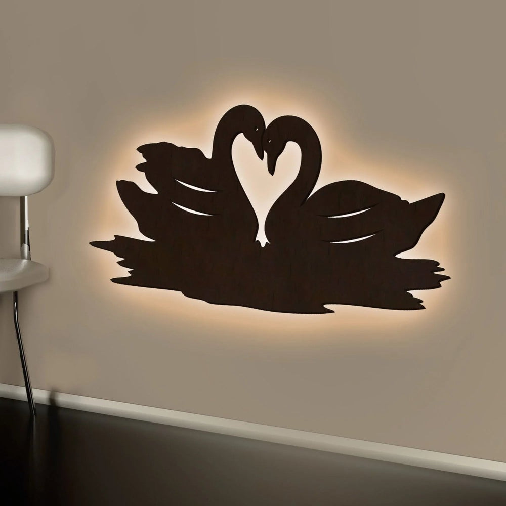Loving Pair of Swan Backlit Wooden Wall Decor with LED Night Light Walnut Finish - All India Decor