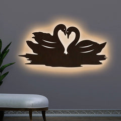 Loving Pair of Swan Backlit Wooden Wall Decor with LED Night Light Walnut Finish - All India Decor