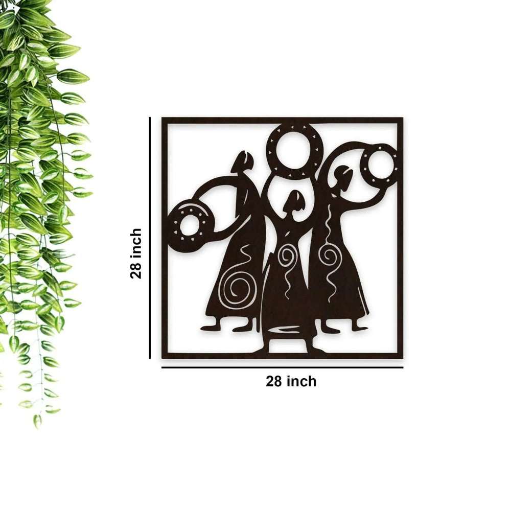 African Women Folk Dance Backlit Wooden Wall Decor with LED Night Light Walnut Finish - All India Decor