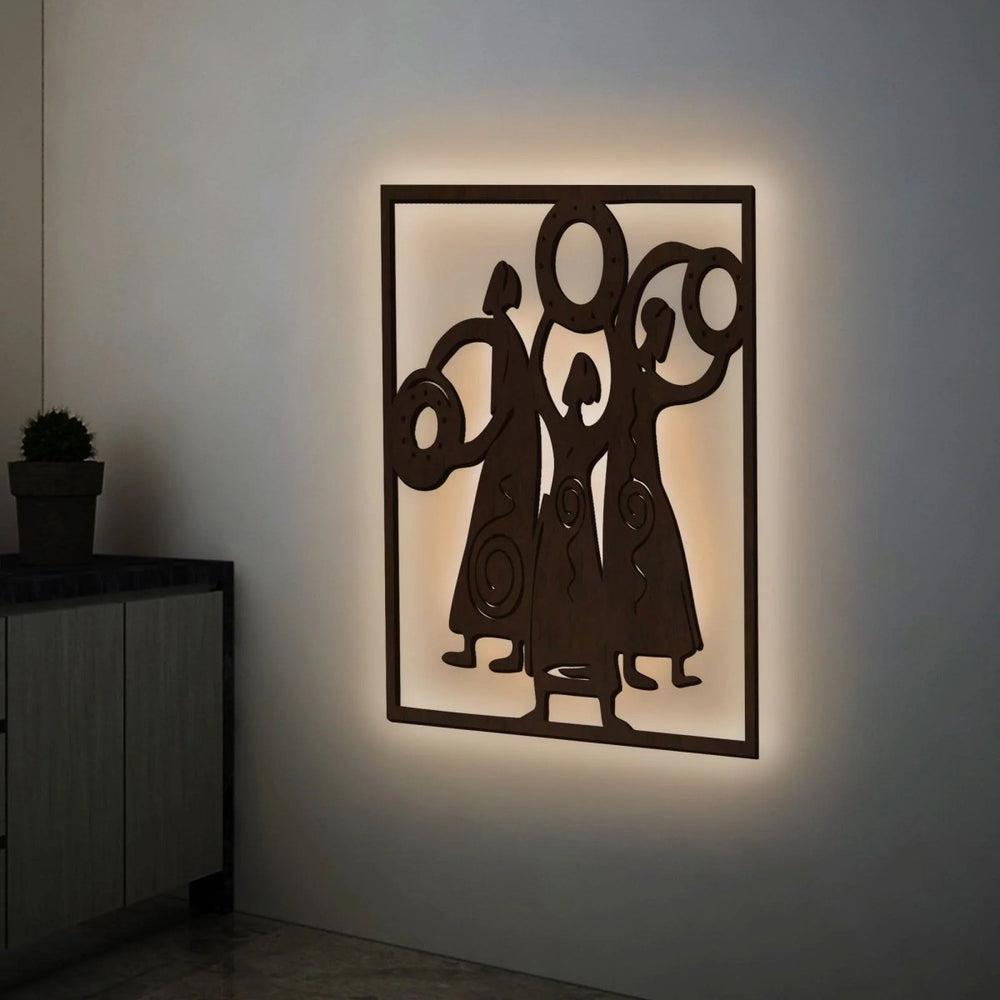 African Women Folk Dance Backlit Wooden Wall Decor with LED Night Light Walnut Finish - All India Decor