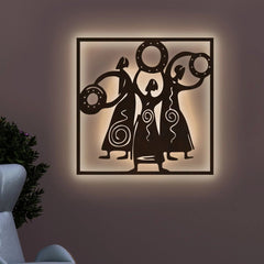 African Women Folk Dance Backlit Wooden Wall Decor with LED Night Light Walnut Finish - All India Decor