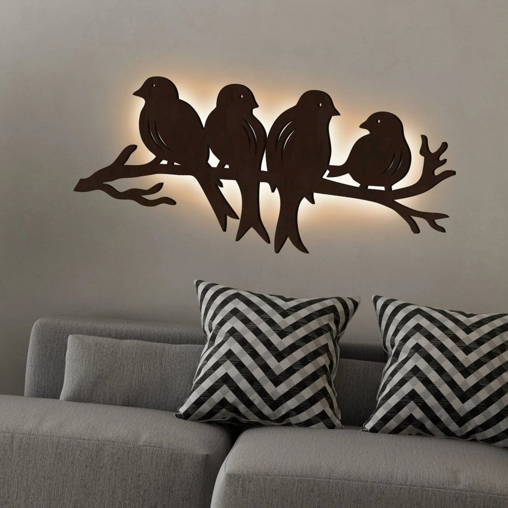 Birds Sitting on Branch Backlit Wooden Wall Decor with LED Night Light Walnut Finish - All India Decor