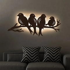 Birds Sitting on Branch Backlit Wooden Wall Decor with LED Night Light Walnut Finish - All India Decor