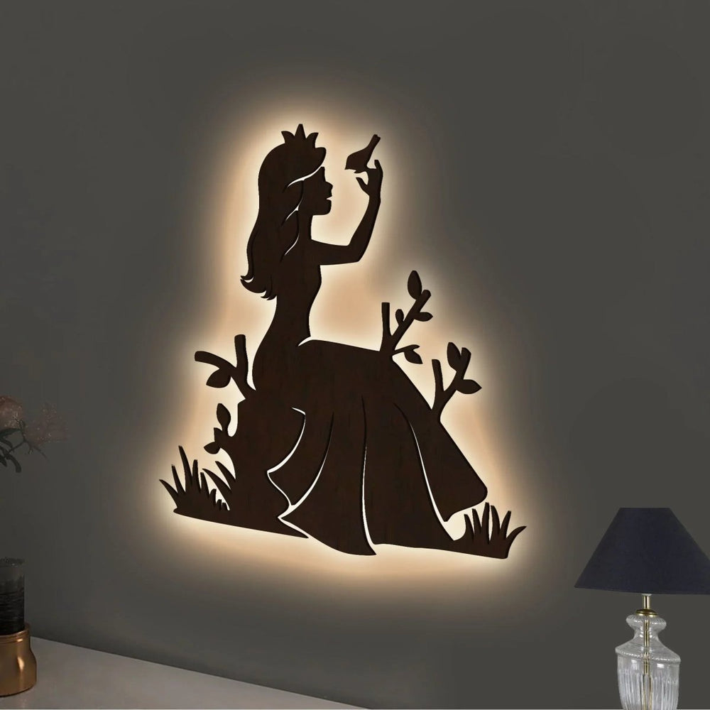 Fairytale Princess Backlit Wooden Wall Decor with LED Night Light Walnut Finish - All India Decor