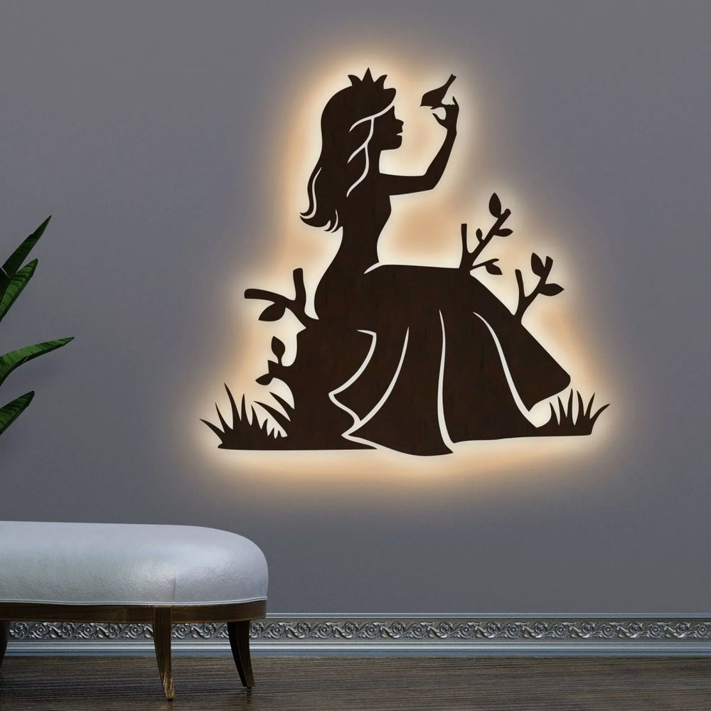 Fairytale Princess Backlit Wooden Wall Decor with LED Night Light Walnut Finish - All India Decor
