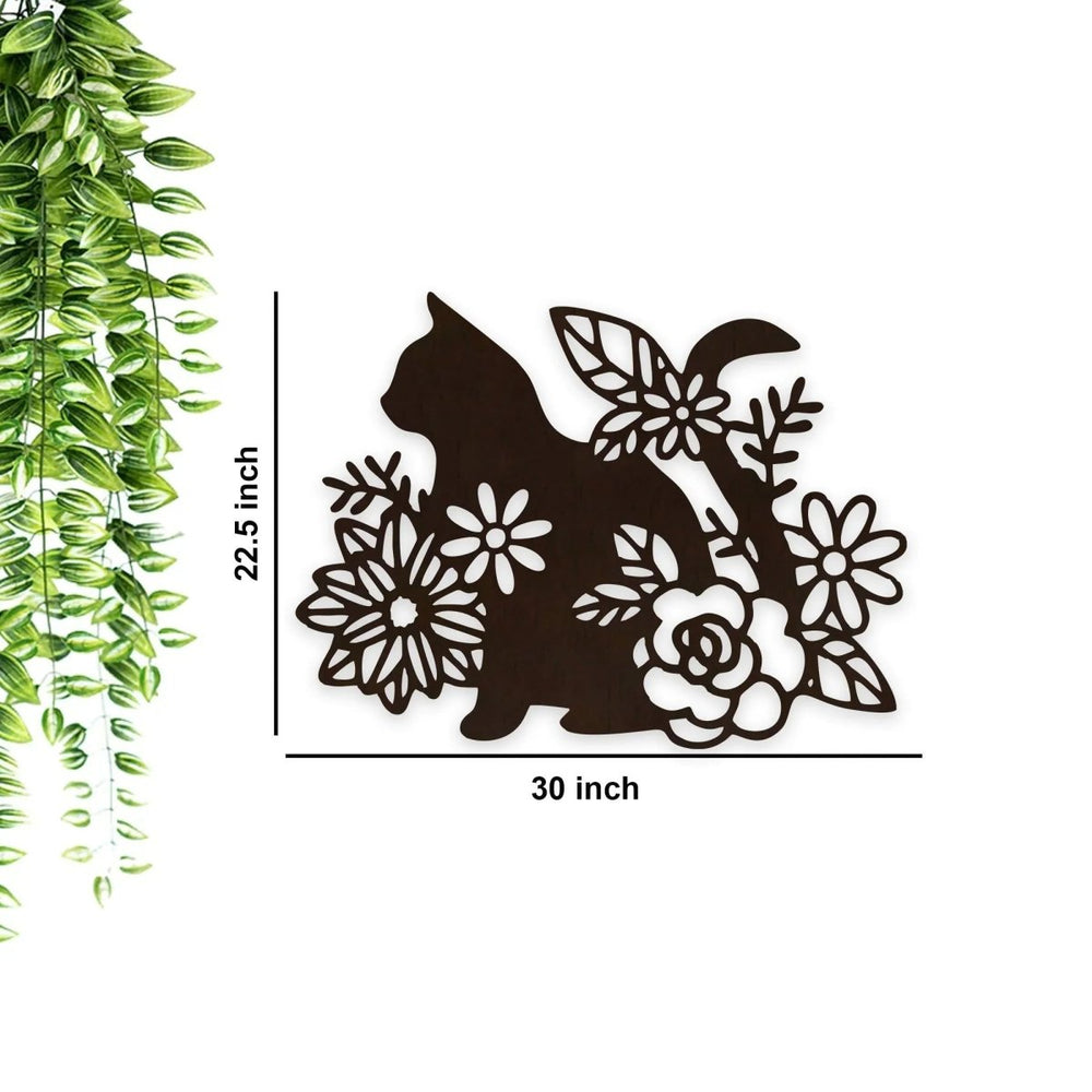Cat with Flower Backlit Wooden Wall Decor with LED Night Light Walnut Finish - All India Decor