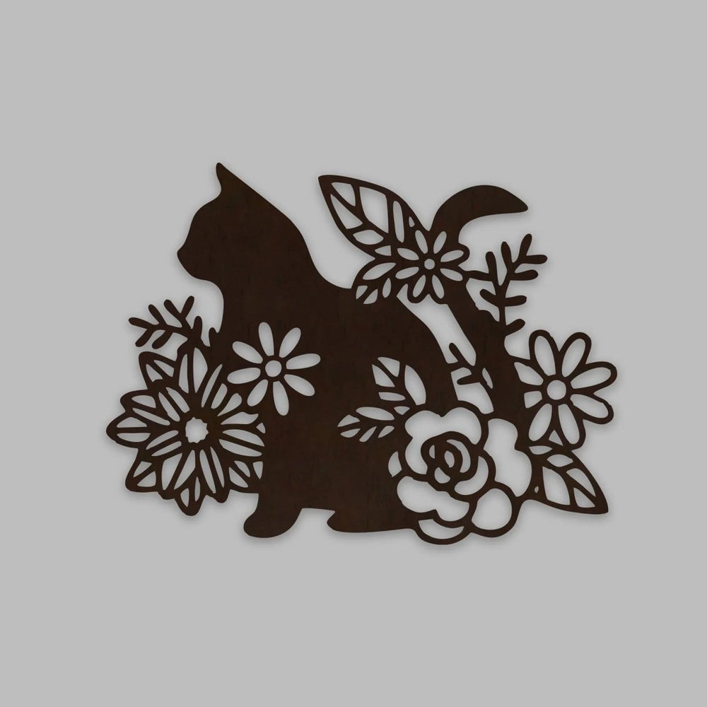 Cat with Flower Backlit Wooden Wall Decor with LED Night Light Walnut Finish - All India Decor