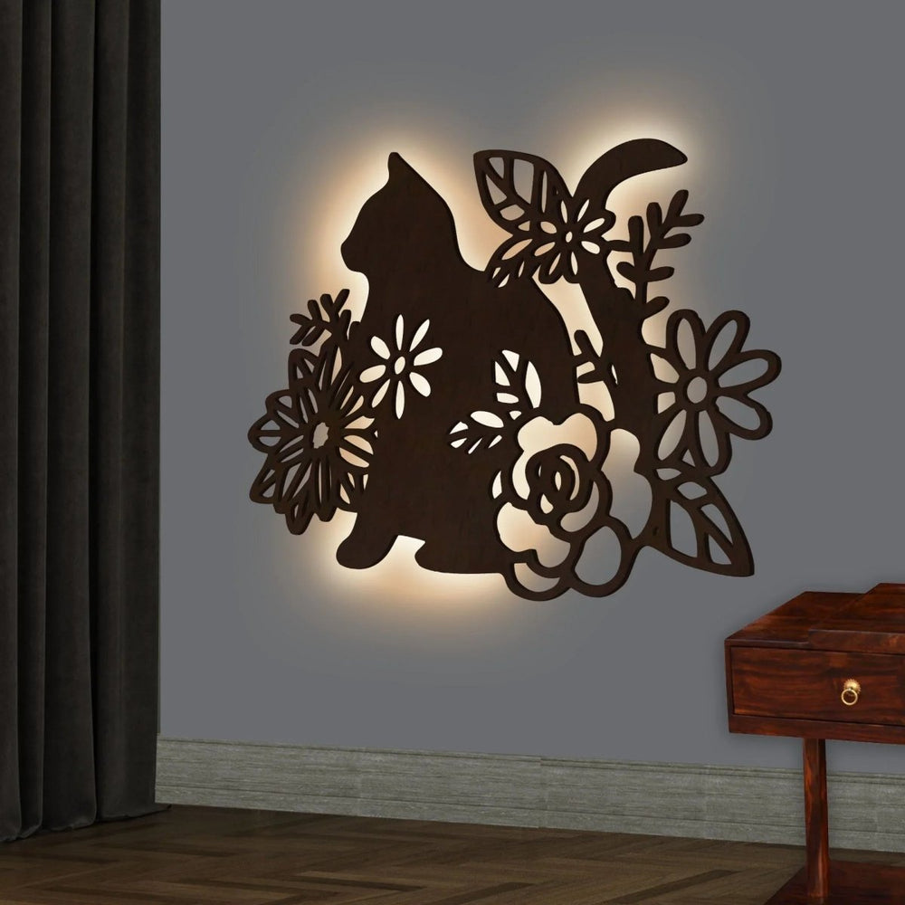 Cat with Flower Backlit Wooden Wall Decor with LED Night Light Walnut Finish - All India Decor