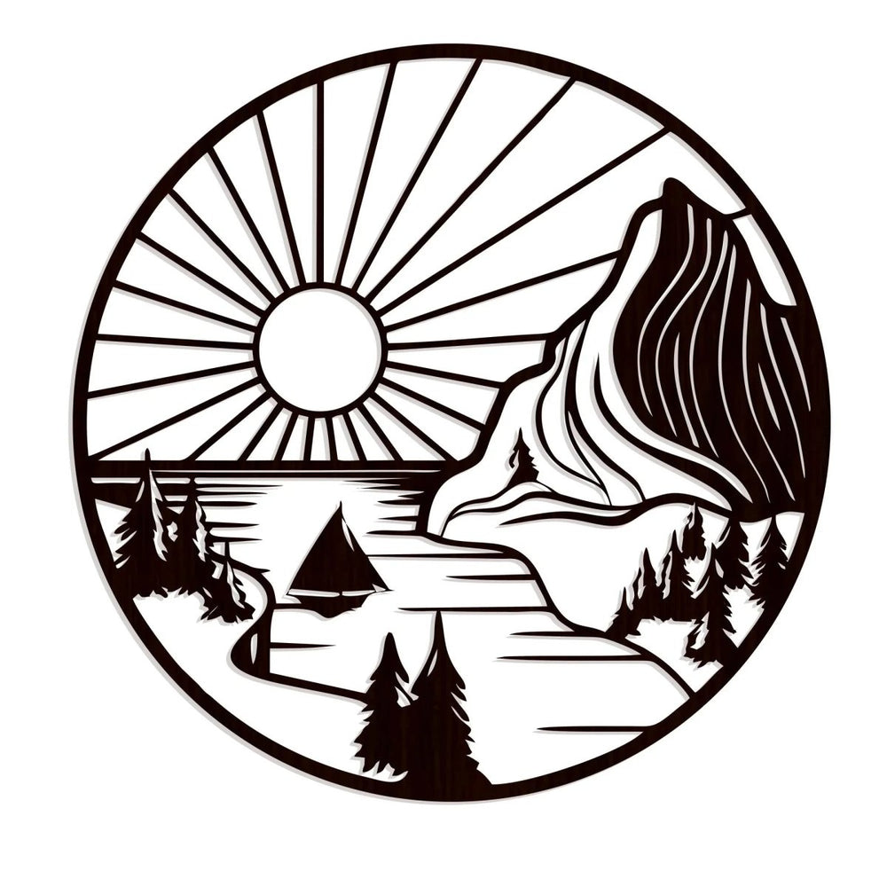 Beautiful Mountain and Rising Sun Scenery Backlit Wooden Wall Decor with LED Night Light Walnut Finish - All India Decor