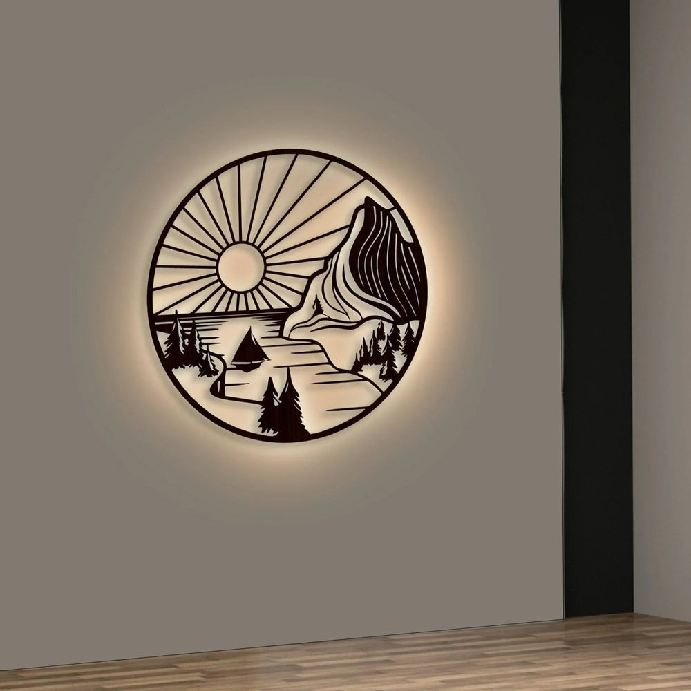 Beautiful Mountain and Rising Sun Scenery Backlit Wooden Wall Decor with LED Night Light Walnut Finish - All India Decor