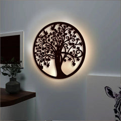 Beautiful Tree of life Round Backlit Wooden Wall Hanging with LED Night Light Walnut Finish - All India Decor