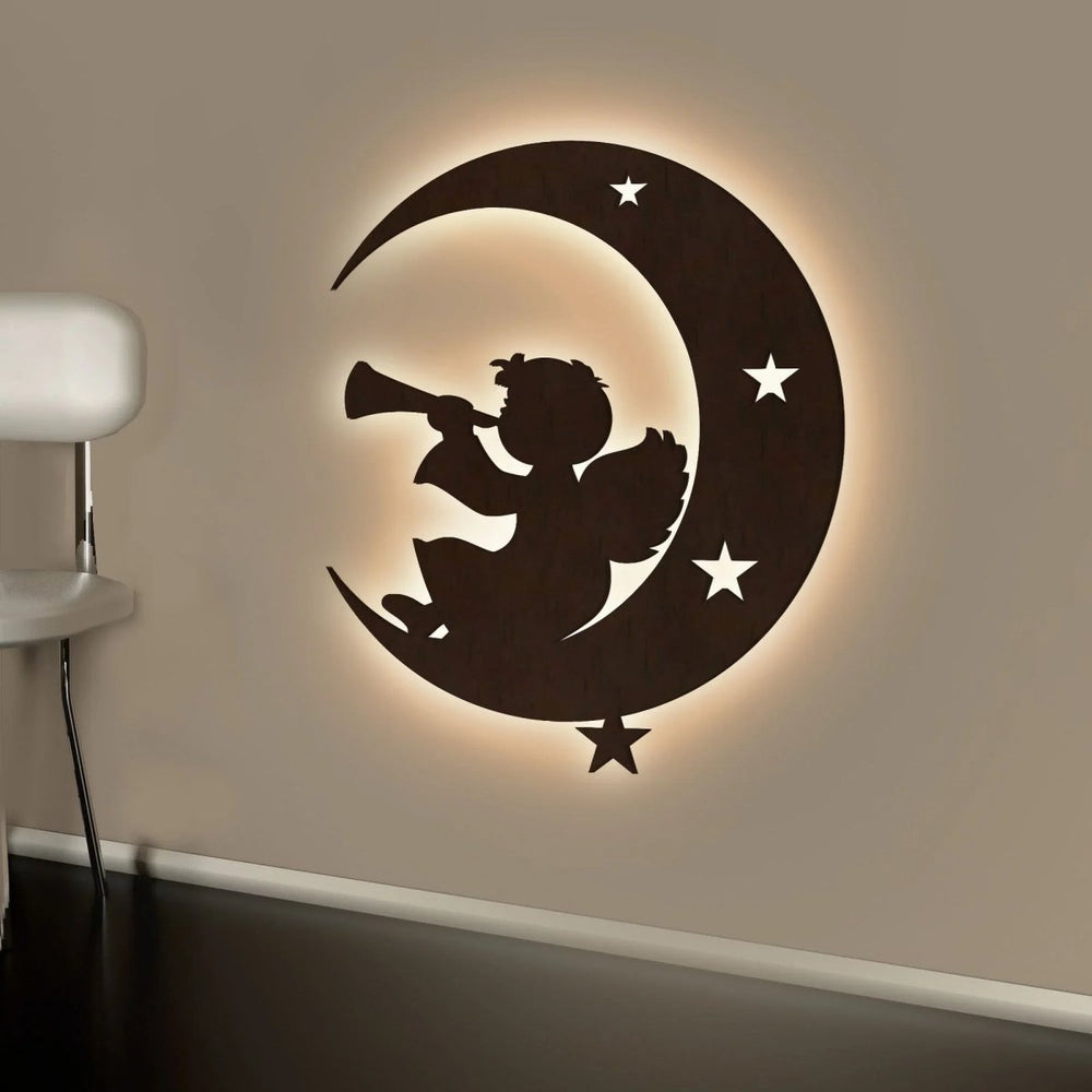 Silhouette Angel Backlit Wooden Wall Hanging with LED Night Light Walnut Finish - All India Decor
