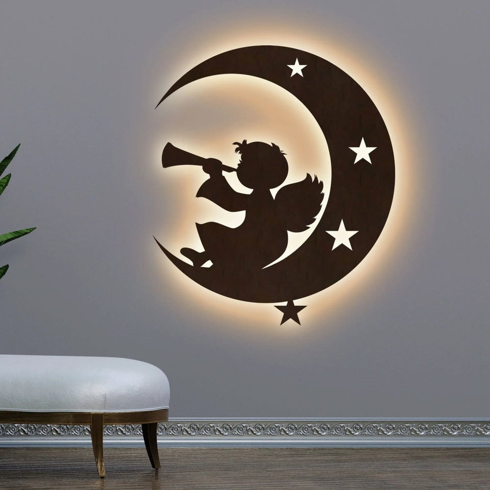 Silhouette Angel Backlit Wooden Wall Hanging with LED Night Light Walnut Finish - All India Decor