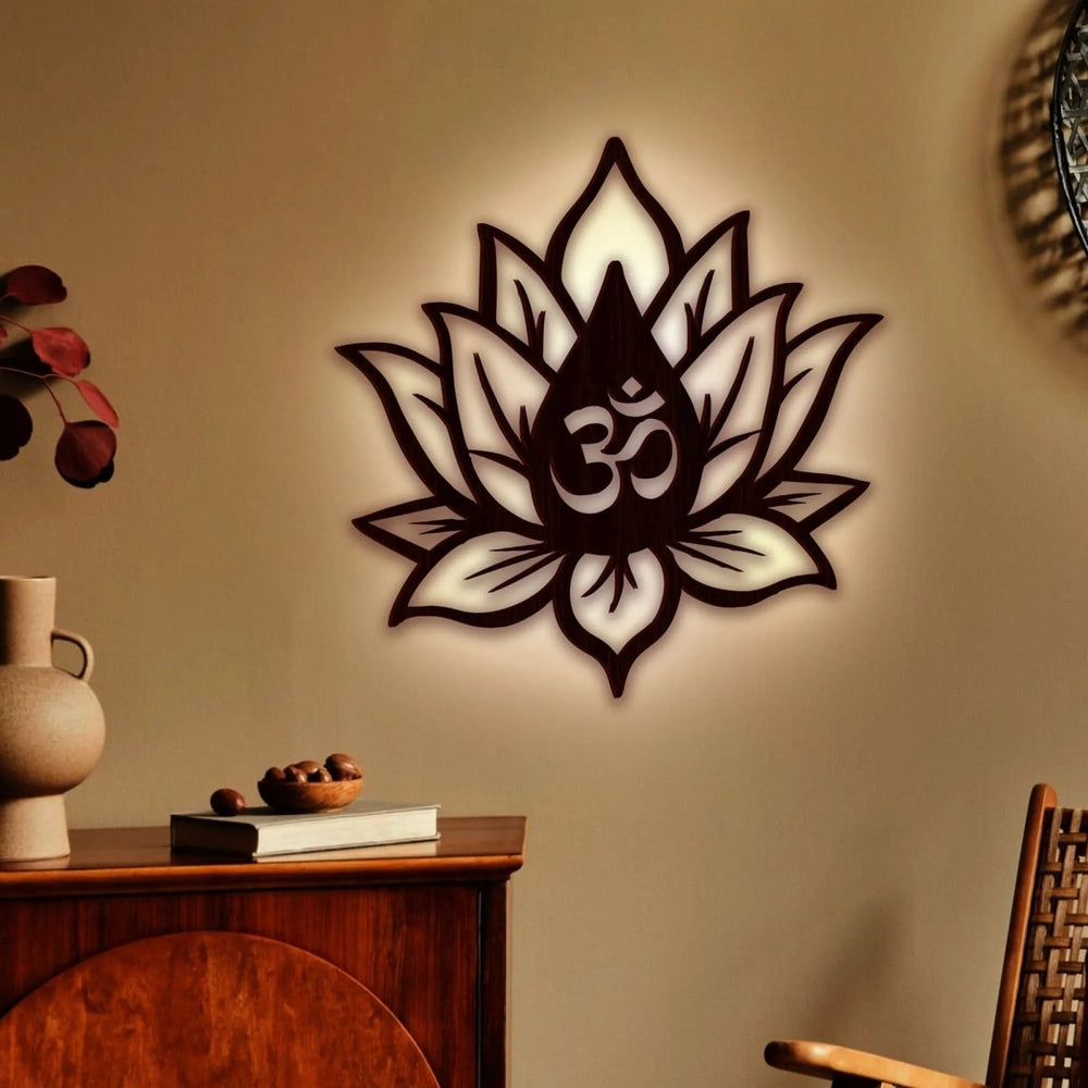 Hindu OM inside Lotus Flower Backlit Wooden Wall Decor with LED Night Light Walnut Finish - All India Decor