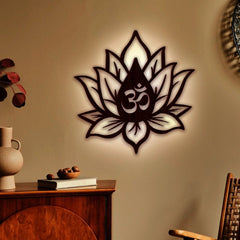 Hindu OM inside Lotus Flower Backlit Wooden Wall Decor with LED Night Light Walnut Finish - All India Decor