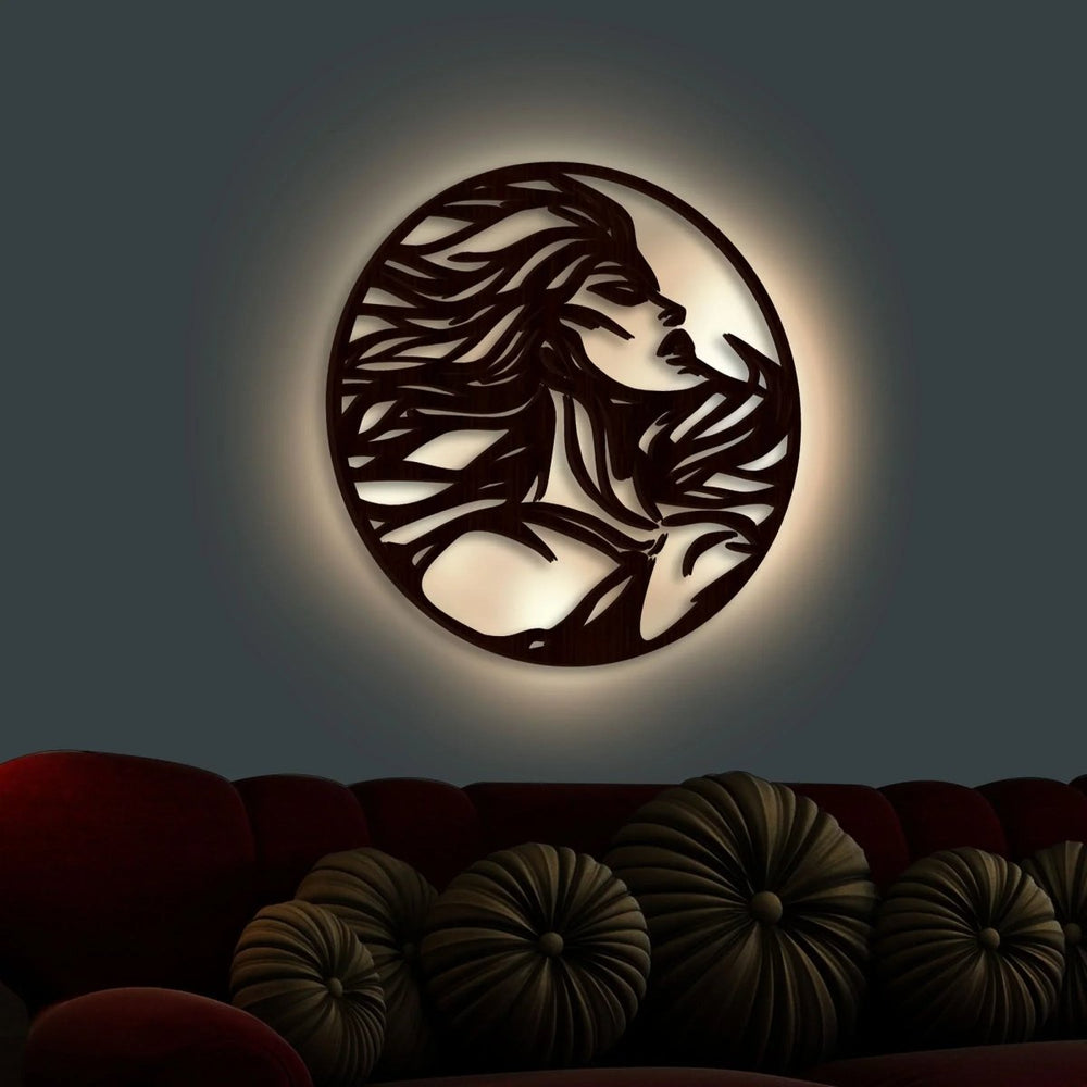 Beautiful Design Modern Backlit Art Wooden Wall Hanging with LED Night Light Walnut Finish - All India Decor