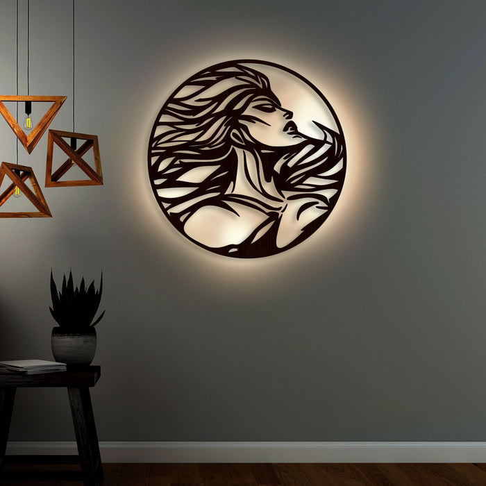 Beautiful Design Modern Backlit Art Wooden Wall Hanging with LED Night Light Walnut Finish