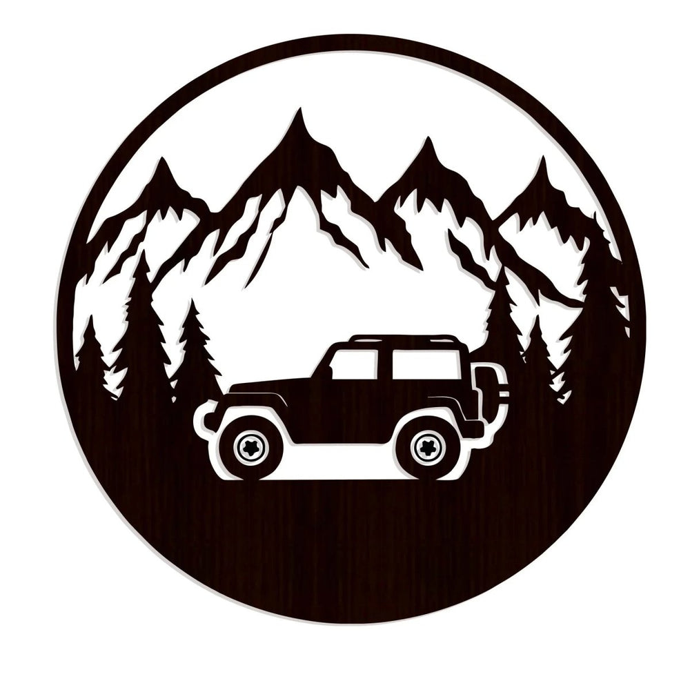 Mountain Forest Road Jeep Art Backlit Wooden Wall Hanging with LED Night Light Walnut Finish - All India Decor