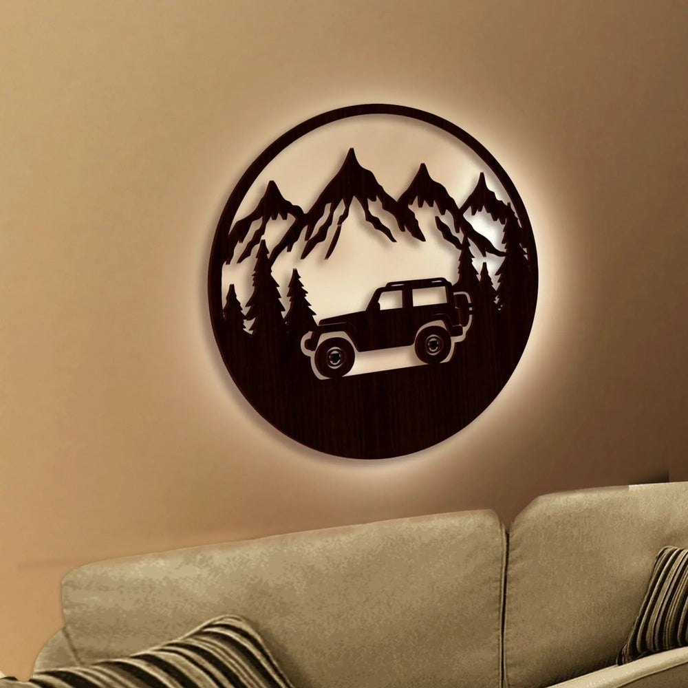 Mountain Forest Road Jeep Art Backlit Wooden Wall Hanging with LED Night Light Walnut Finish - All India Decor