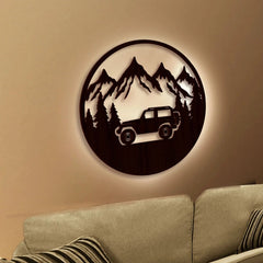 Mountain Forest Road Jeep Art Backlit Wooden Wall Hanging with LED Night Light Walnut Finish - All India Decor