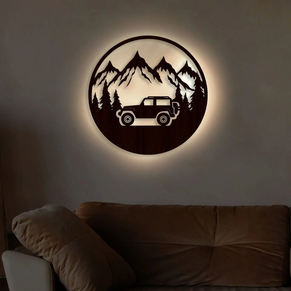 Mountain Forest Road Jeep Art Backlit Wooden Wall Hanging with LED Night Light Walnut Finish - All India Decor