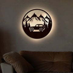 Mountain Forest Road Jeep Art Backlit Wooden Wall Hanging with LED Night Light Walnut Finish - All India Decor