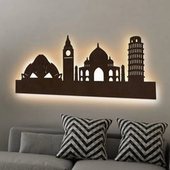 Famous Architectures Backlit Design Wooden Wall Hanging with LED Night Light Walnut Finish - All India Decor