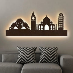 Famous Architectures Backlit Design Wooden Wall Hanging with LED Night Light Walnut Finish - All India Decor