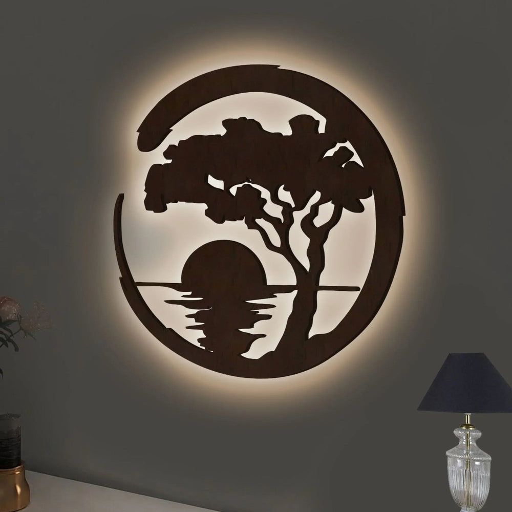 Beautiful Sunset Scenery Backlit Wooden Wall Decor with LED Night Light Walnut Finish - All India Decor