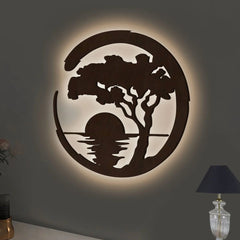 Beautiful Sunset Scenery Backlit Wooden Wall Decor with LED Night Light Walnut Finish - All India Decor