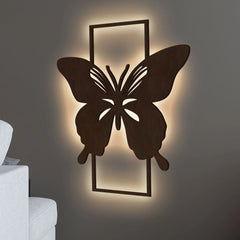 Modern Butterfly Art Backlit Wooden Wall Decor with LED Night Light Walnut Finish - All India Decor