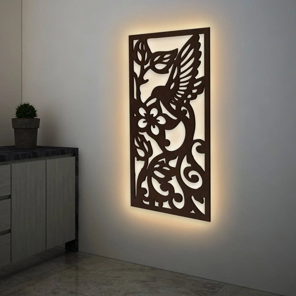 Beautiful Bird with Flower Backlit Wooden Wall Hanging with LED Night Light Walnut Finish - All India Decor