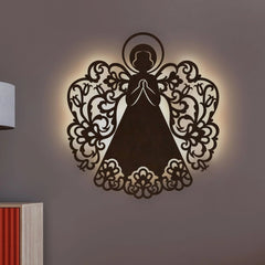 Fairy Angel Backlit Wooden Wall Hanging with LED Night Light Walnut Finish - All India Decor