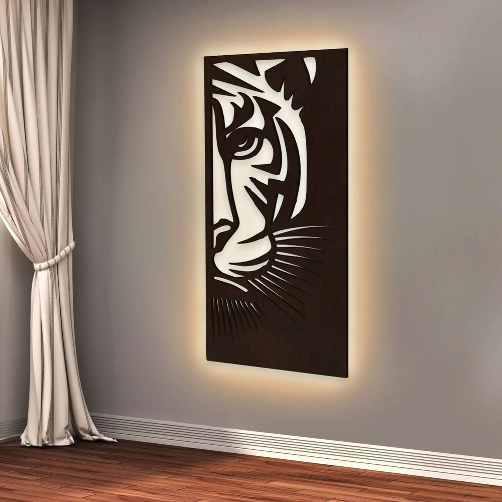 Tiger Face Art Backlit Wooden Wall Decor with LED Night Light Walnut Finish - All India Decor