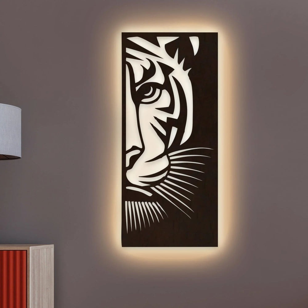 Tiger Face Art Backlit Wooden Wall Decor with LED Night Light Walnut Finish - All India Decor