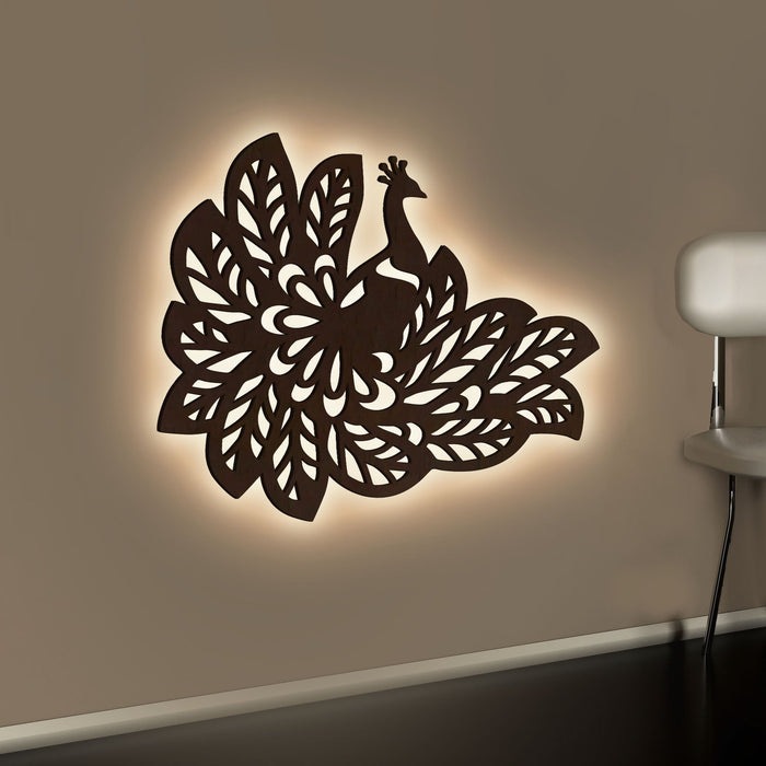 Beautiful Peacock Wings Designer Art Backlit Wooden Wall Decor with LED Night Light Walnut Finish