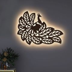 Beautiful Peacock Wings Designer Art Backlit Wooden Wall Decor with LED Night Light Walnut Finish - All India Decor