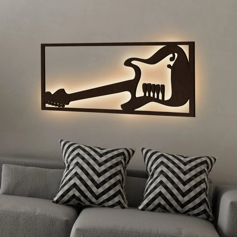 Designer Guitar Backlit Wooden Wall Decor with LED Night Light Walnut Finish - All India Decor