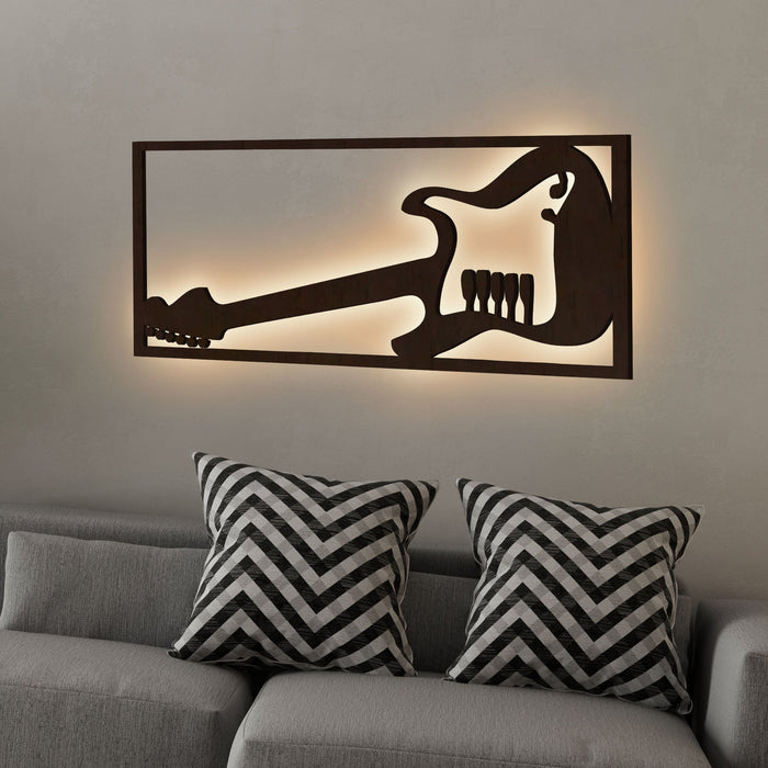 Designer Guitar Backlit Wooden Wall Decor with LED Night Light Walnut Finish