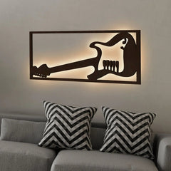Designer Guitar Backlit Wooden Wall Decor with LED Night Light Walnut Finish - All India Decor