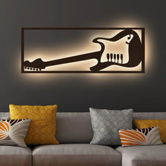 Designer Guitar Backlit Wooden Wall Decor with LED Night Light Walnut Finish - All India Decor