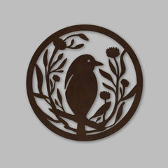 Beautiful Bird with Flower Round Backlit Wooden Wall Hanging with LED Night Light Walnut Finish - All India Decor
