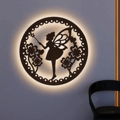 Fairy Butterfly Angel Backlit Wooden Wall Hanging with LED Night Light Walnut Finish - All India Decor