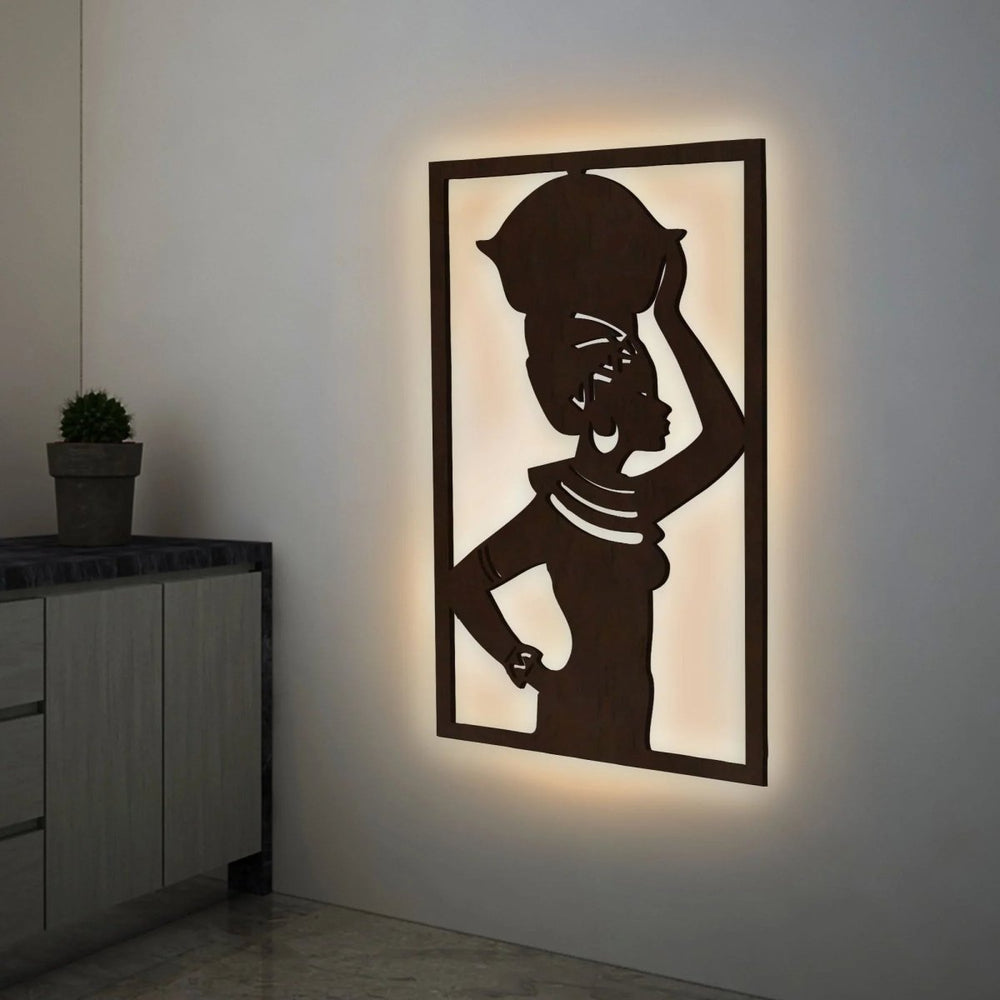 Beautiful African Women Backlit Wooden Wall Hanging with LED Night Light Walnut Finish - All India Decor