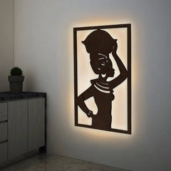 Beautiful African Women Backlit Wooden Wall Hanging with LED Night Light Walnut Finish - All India Decor