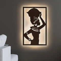 Beautiful African Women Backlit Wooden Wall Hanging with LED Night Light Walnut Finish - All India Decor