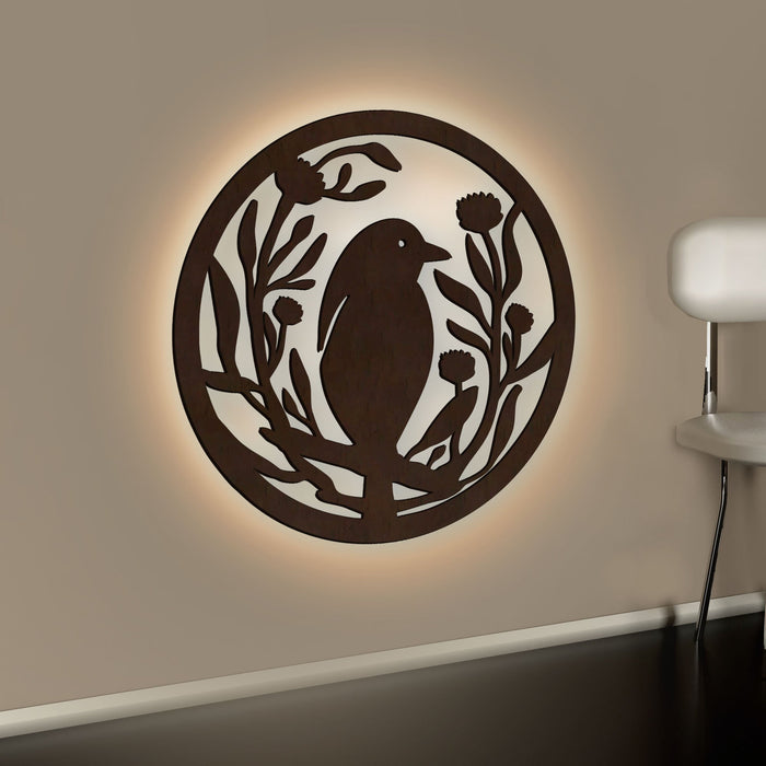 Beautiful Bird with Flower Round Backlit Wooden Wall Hanging with LED Night Light Walnut Finish