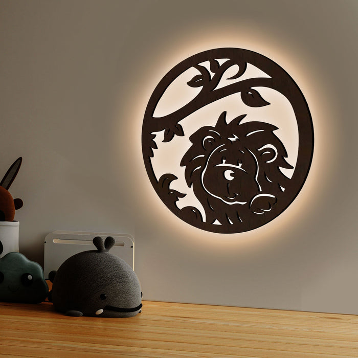 Little Lion Art Backlit Wooden Wall Decor with LED Night Light Walnut Finish