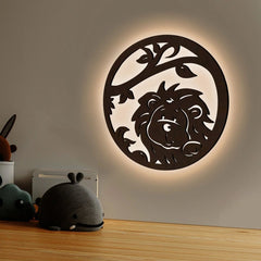 Little Lion Art Backlit Wooden Wall Decor with LED Night Light Walnut Finish - All India Decor
