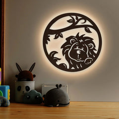 Little Lion Art Backlit Wooden Wall Decor with LED Night Light Walnut Finish - All India Decor